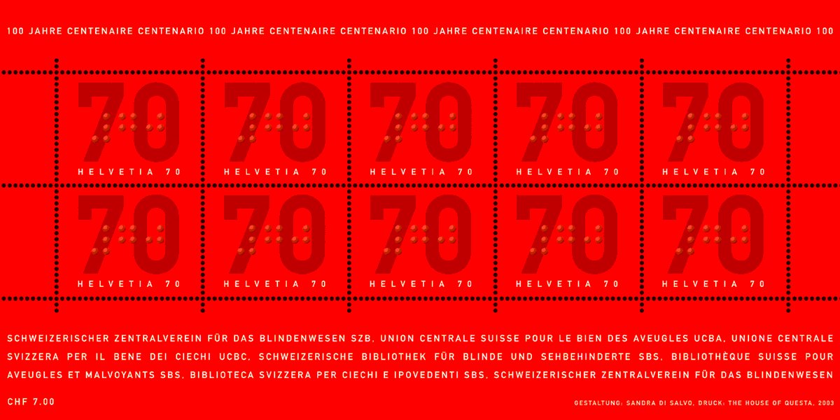 Bogen von 10 Briefmarken mit Brailleschrift